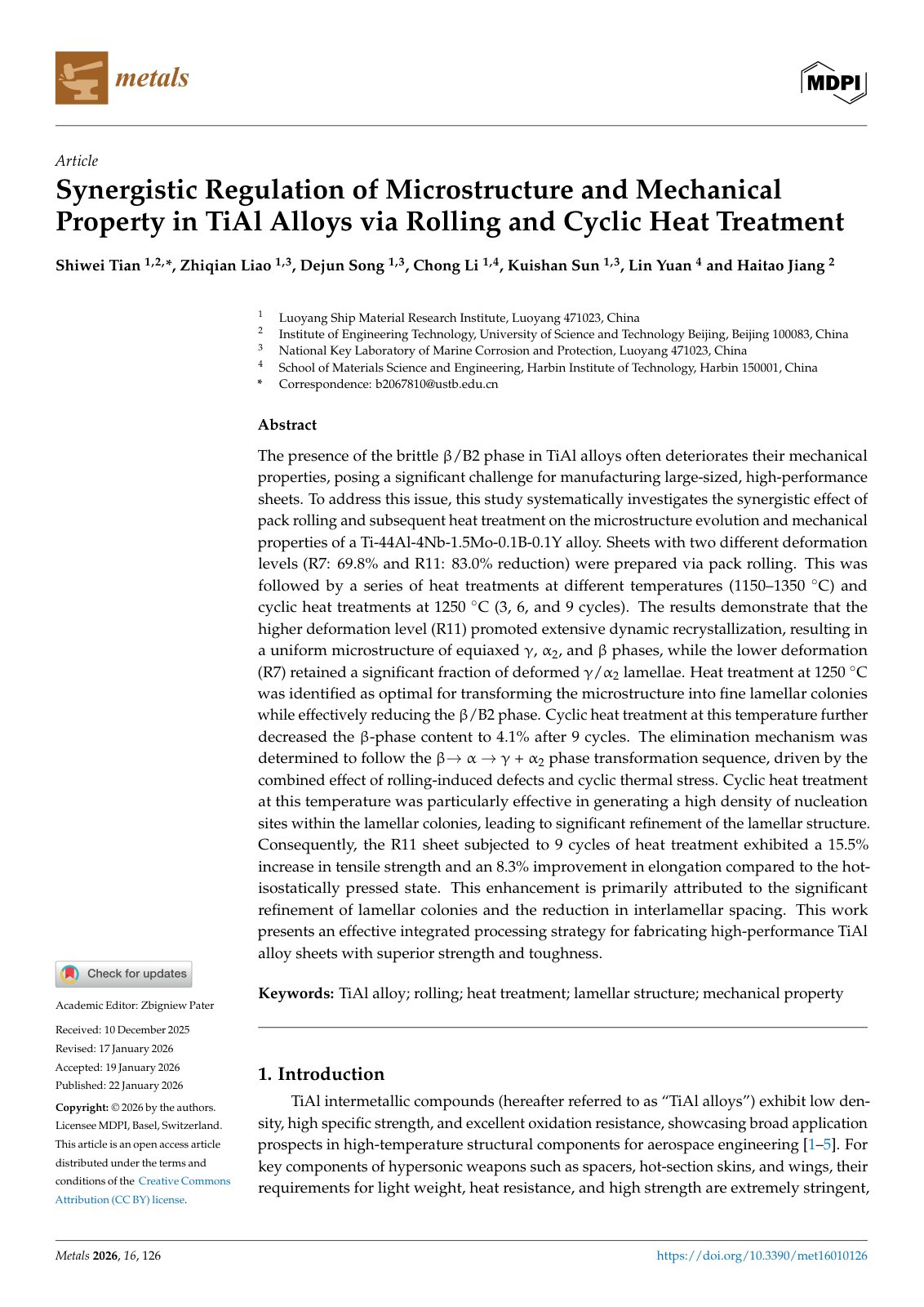 First page of 2026 Tian TiAl Rolling Cyclic Heat Treatment