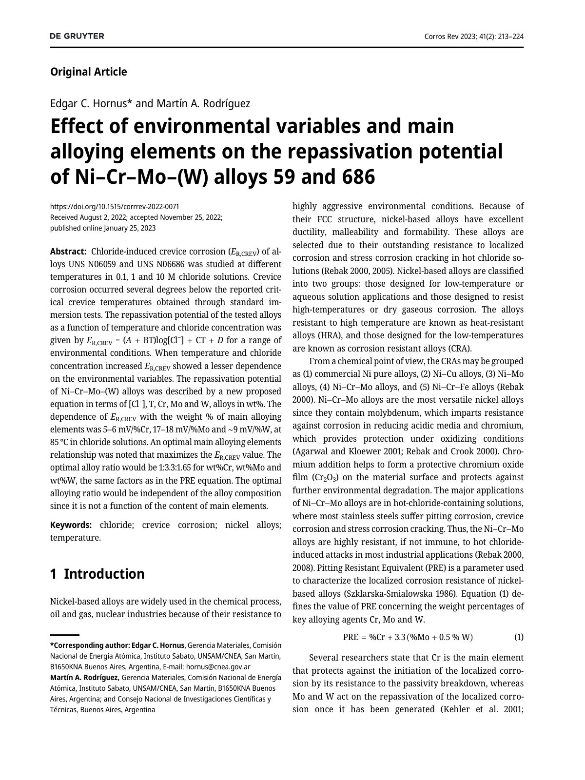 First page of Eﬀect of environmental variables and main alloying elements on the repassivation potential of Ni–Cr–Mo–(W) alloys 59 and 686
