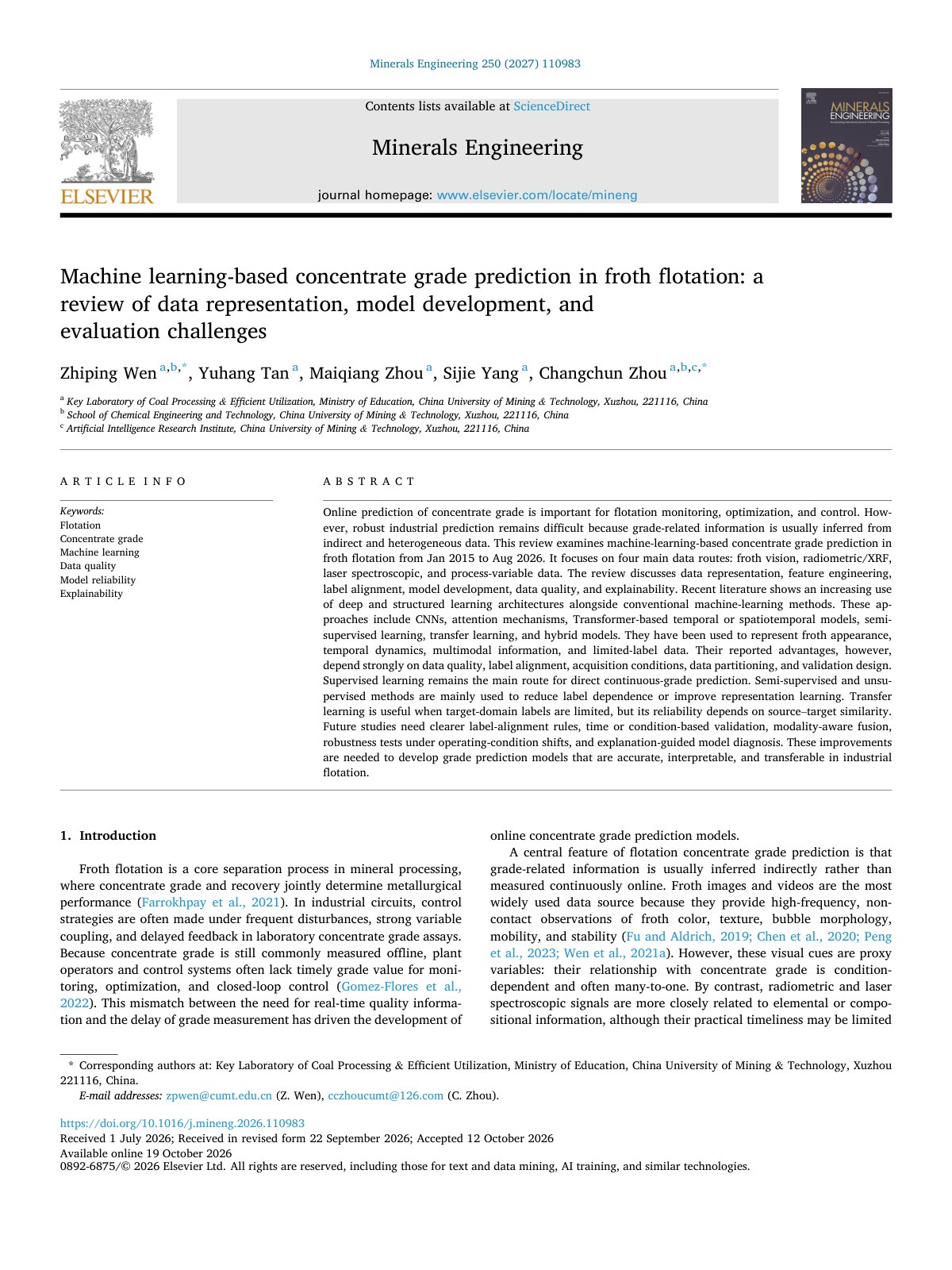 First page of Machine learning based concentrate grade prediction in froth f 2027 Minerals