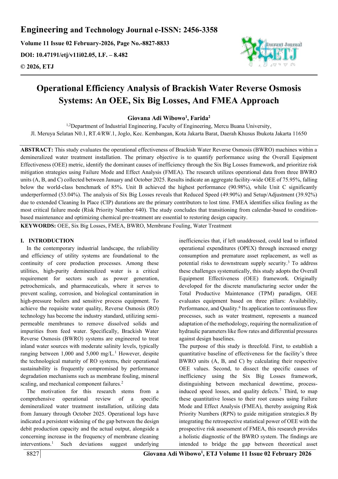 First page of Operational Efficiency Analysis of Brackish Water Reverse Osmosis  Systems: An OEE, Six Big Losses, And FMEA Approach 