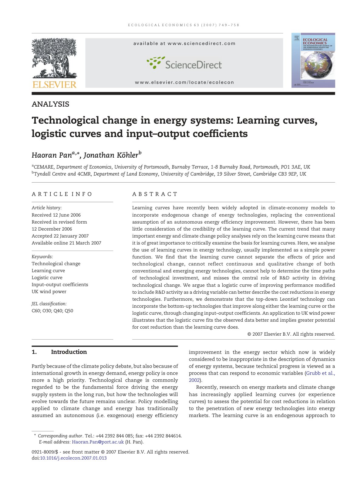 First page of Technological change in energy systems: Learning curves, logistic curves and input–output coefficients