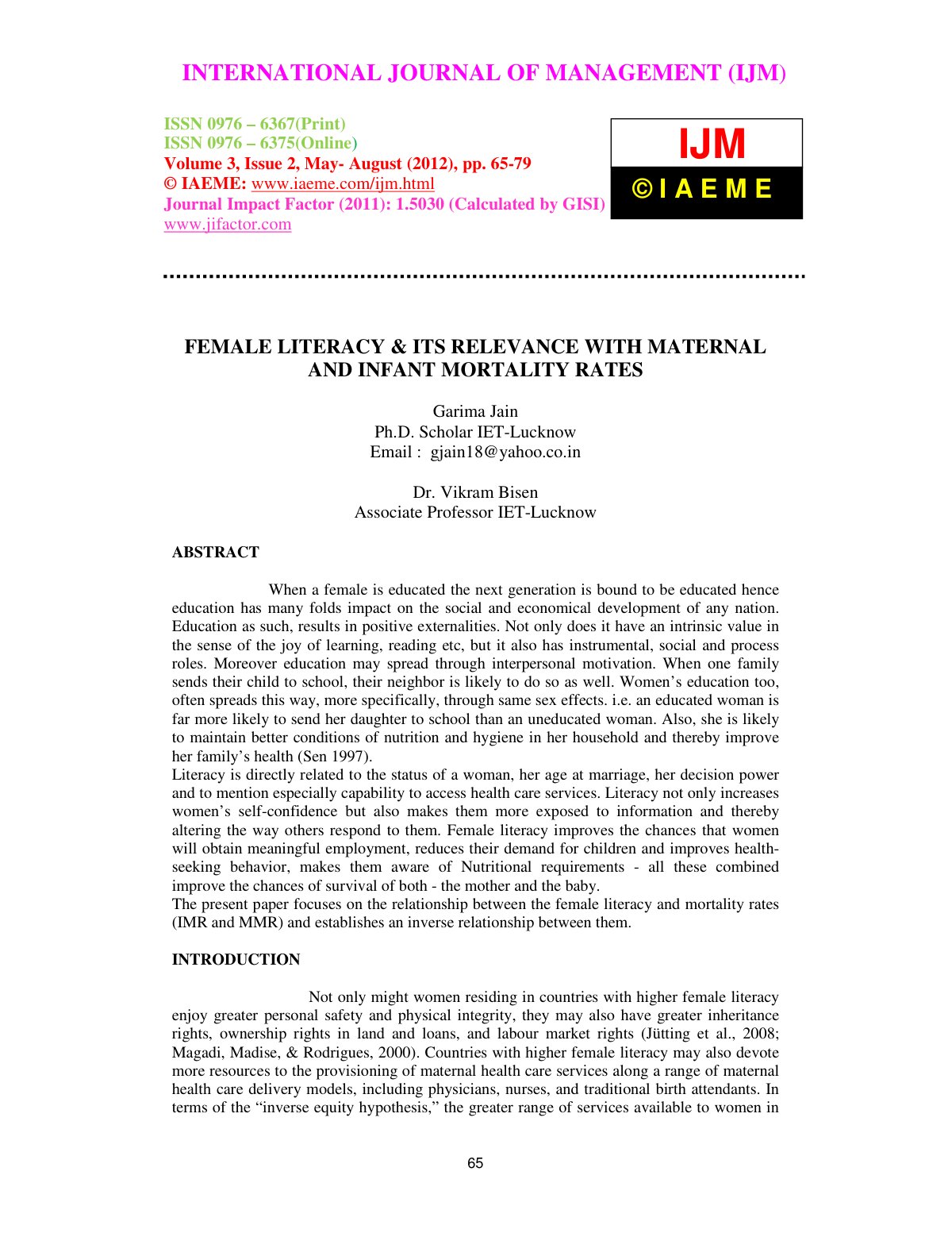 First page of FEMALE LITERACY and ITS RELEVANCE WITH M