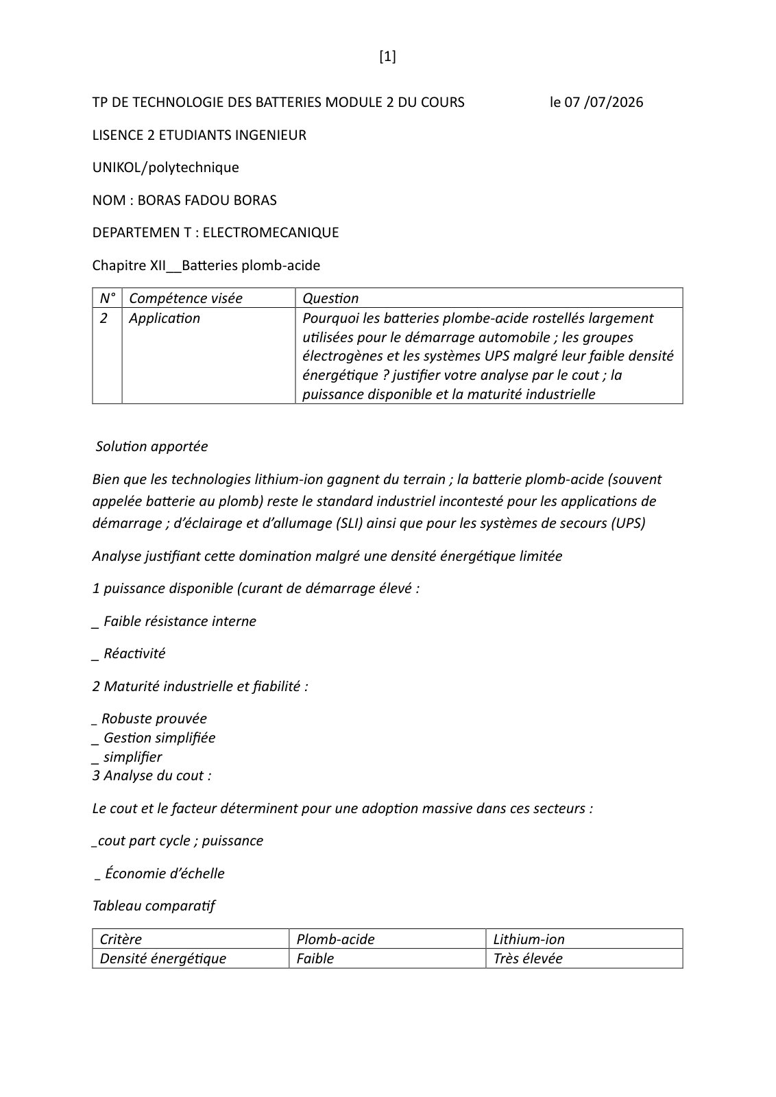 First page of TP DE TECHNOLOGIE DES BATTERIES MODULE 2 DU COURS