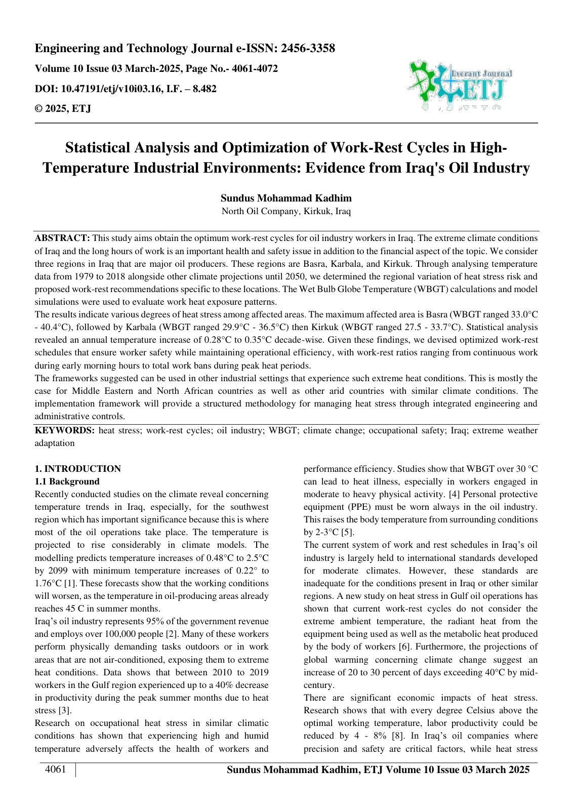 First page of Statistical Analysis and Optimization of Work-Rest Cycles in High Temperature Industrial Environments: Evidence from Iraq's Oil Industry  