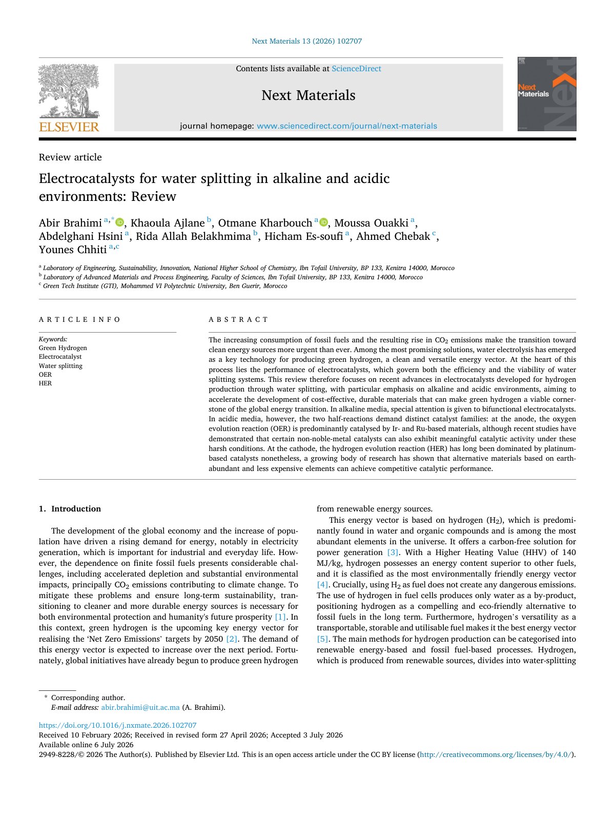 First page of Electrocatalysts for water splitting in alkaline and acidic  2026 Next Mater