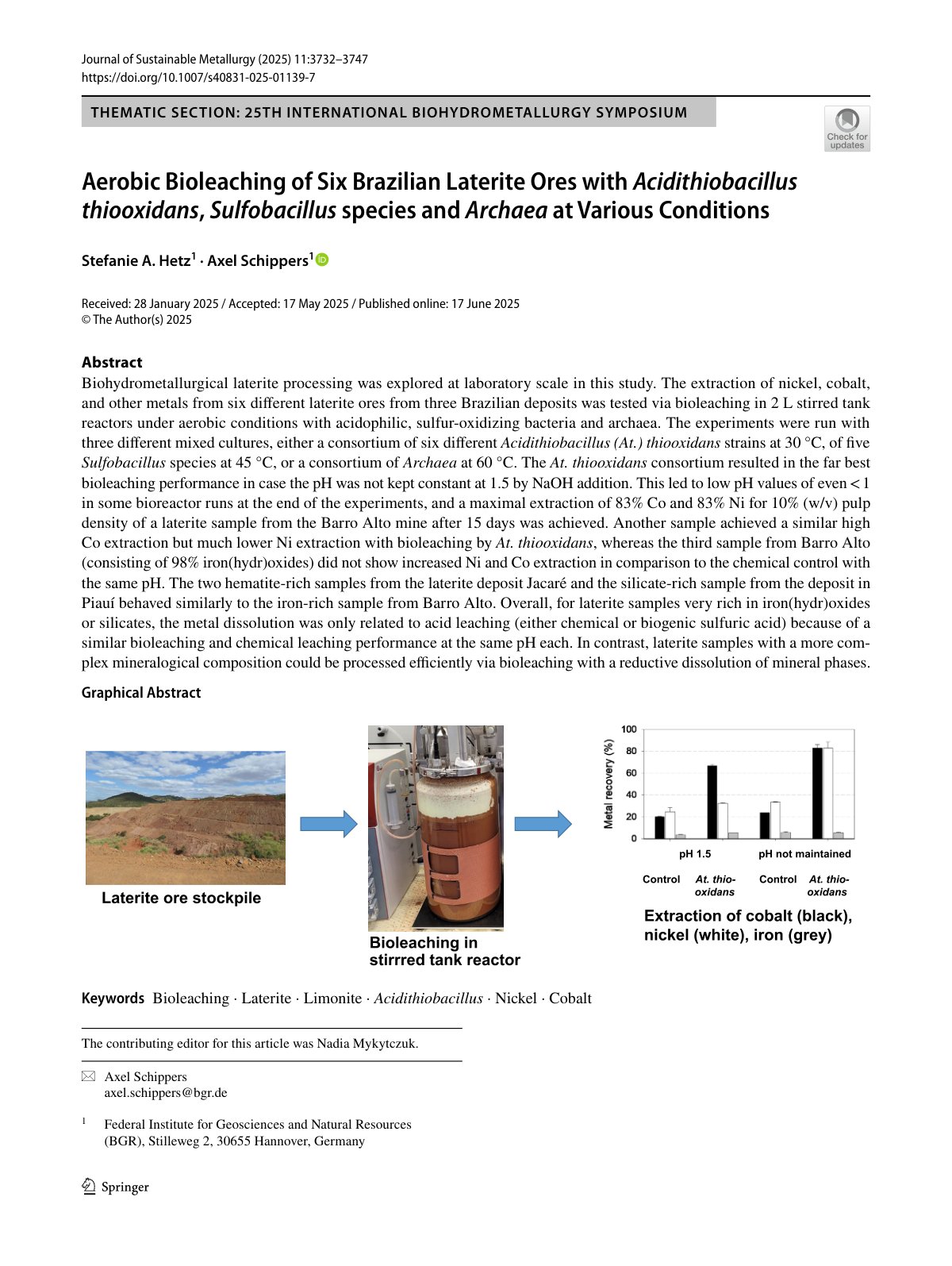 First page of Aerobic Bioleaching of Six Brazilian Laterite Ores with Acidithiobacillus thiooxidans, Sulfobacillus species and Archaea at Various Conditions