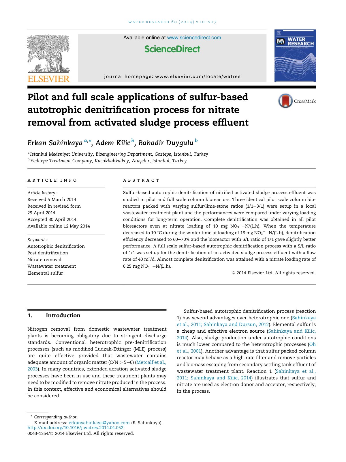 First page of Pilot and full scale applications of sulfur-based autotrophic denitriﬁcation process for nitrate removal from activated sludge process efﬂuent
