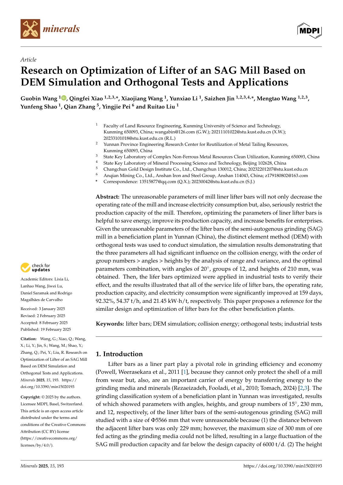 First page of Research on Optimization of Lifter of an SAG Mill Based on DEM Simulation and Orthogonal Tests and Applications