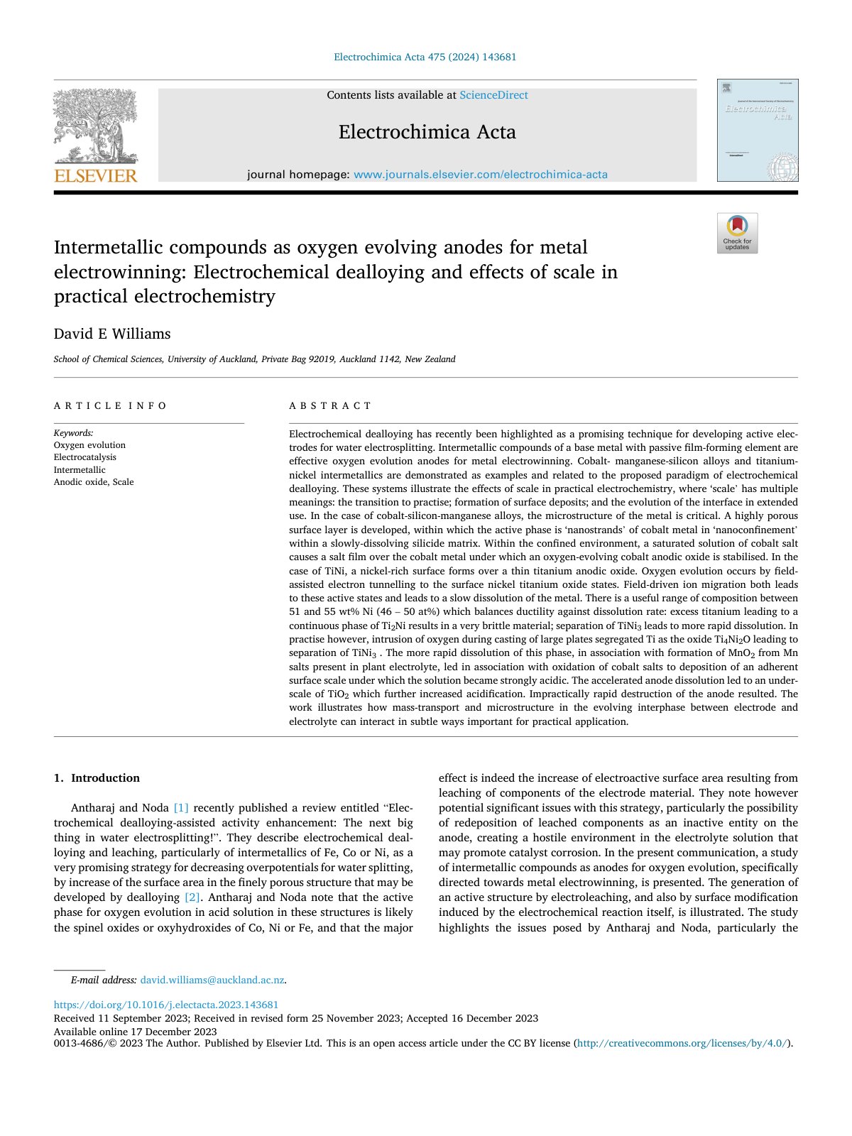 First page of Intermetallic compounds as oxygen evolving anodes for metal electrowinning: Electrochemical dealloying and effects of scale in practical electrochemistry