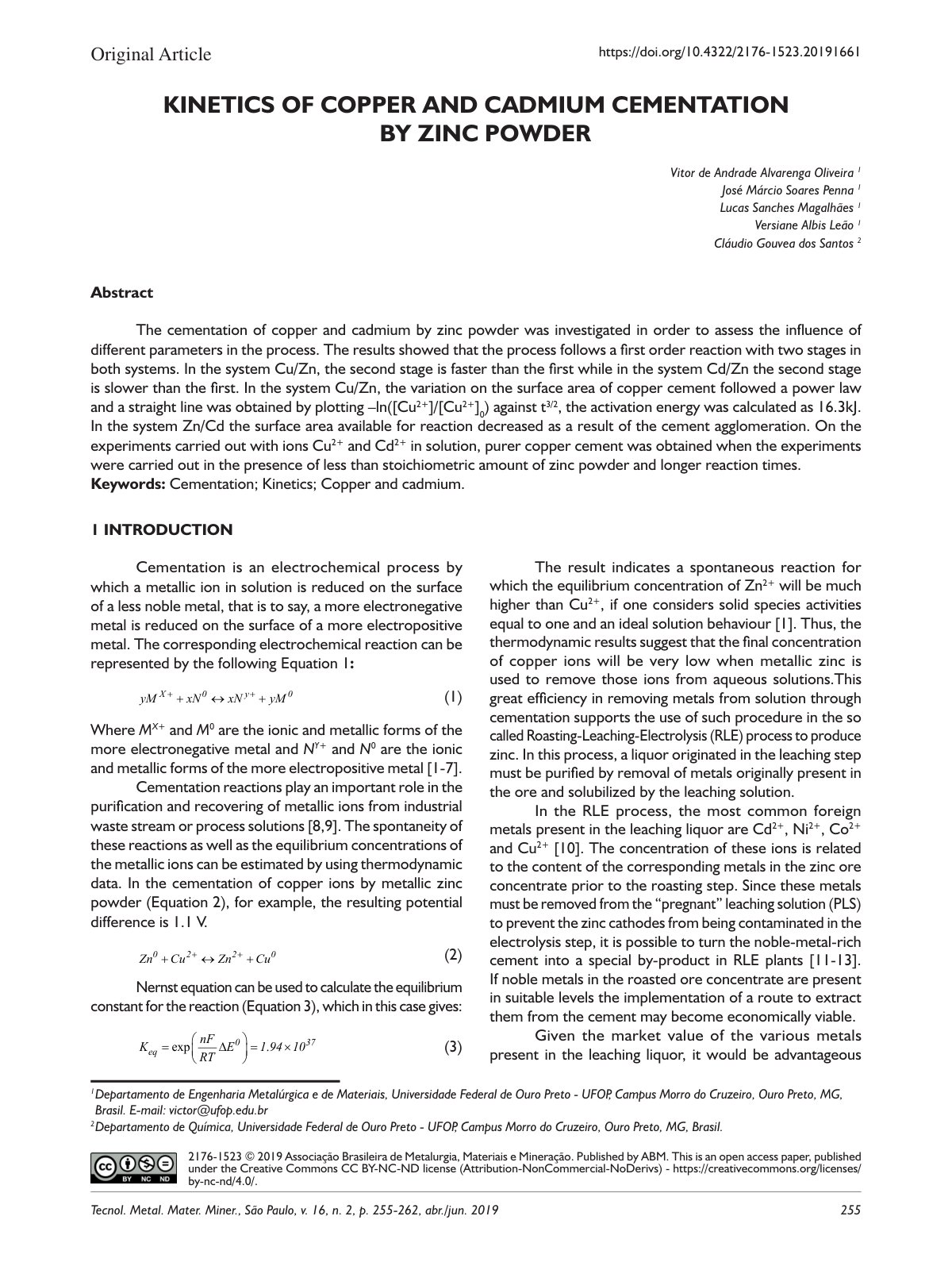 First page of The cementation of copper and cadmium by zinc powder