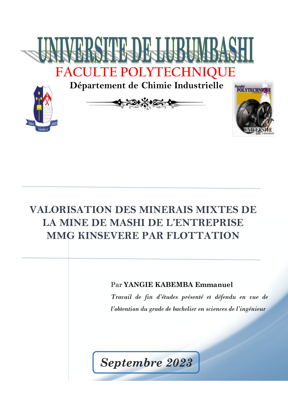 First page of Valorisation des minerais mixtes de la mine de Mashi de l'entreprise MMG Kinsevere par flottation