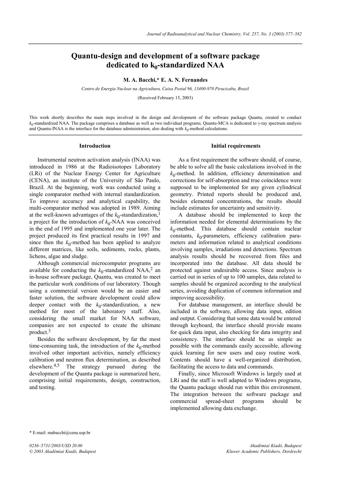 First page of Quantu-design and development of a software package dedicated to k0-standardized NAA