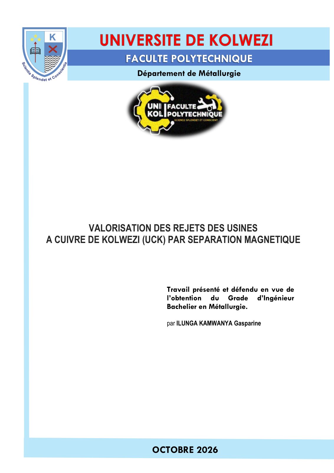 First page of VALORISATION DES REJETS DES USINES A CUIVRE DE KOLWEZI (UCK) PAR SEPARATION MAGNETIQUE