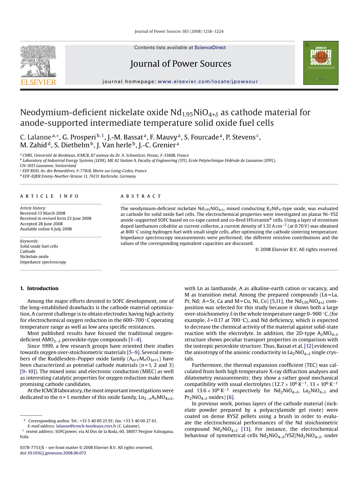 First page of Neodymium-deﬁcient nickelate oxide Nd 1.95NiO4+ı as cathode material for anode-supported intermediate temperature solid oxide fuel cells