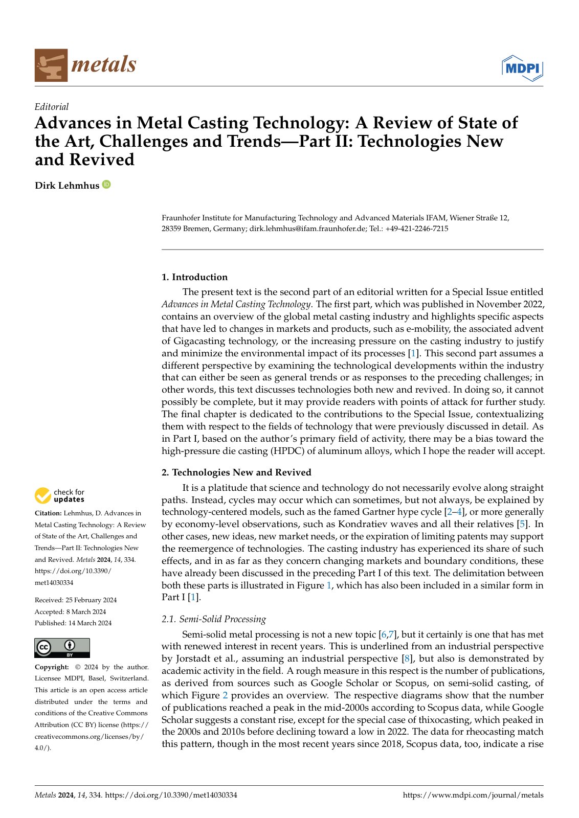First page of Advances in Metal Casting Technology: A Review of State of the Art, Challenges and Trends—Part II: Technologies New and Revived