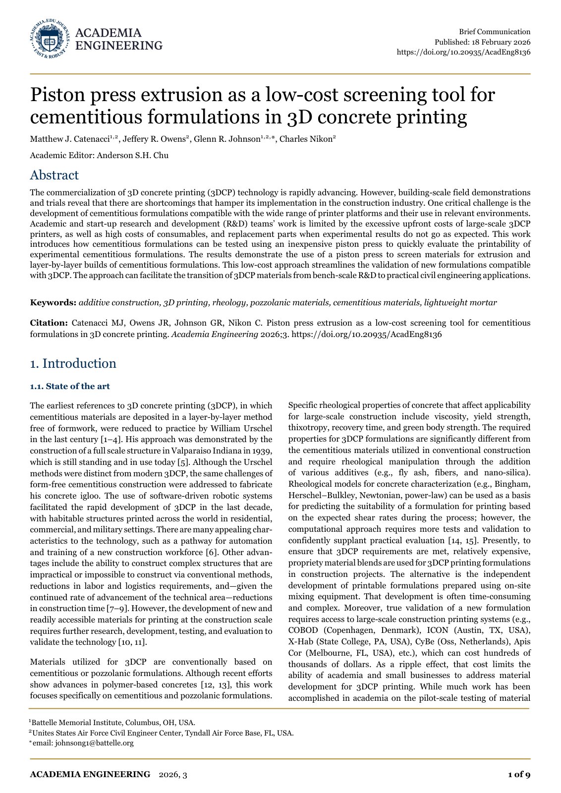 First page of Piston press extrusion as a low-cost screening tool for cementitious formulations in 3D concrete printing
