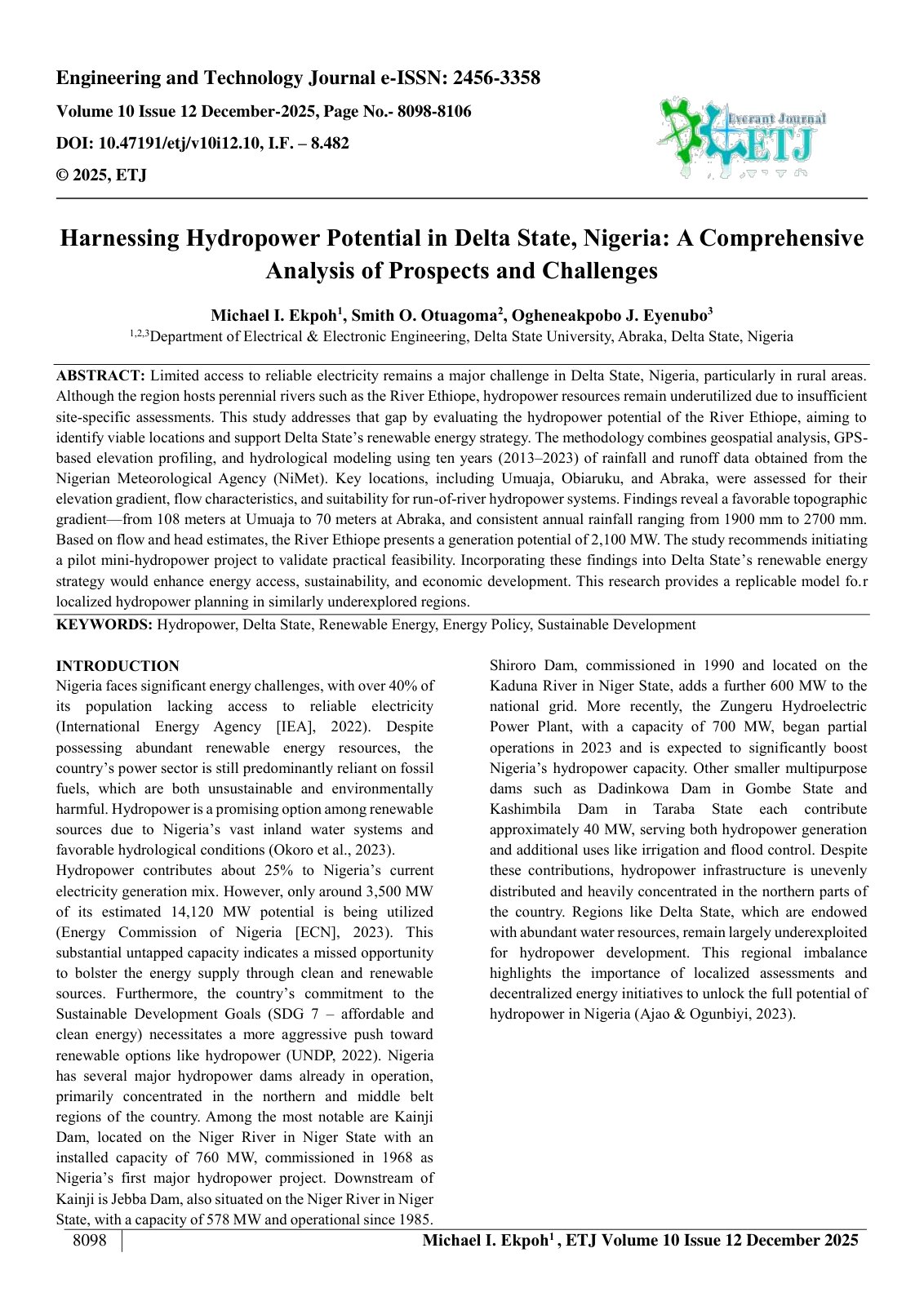 First page of Harnessing Hydropower Potential in Delta State, Nigeria: A Comprehensive  Analysis of Prospects and Challenges  