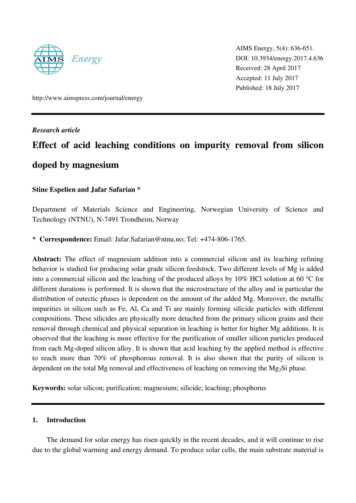 First page of Effect of acid leaching conditions on impurity removal from silicon doped by magnesium