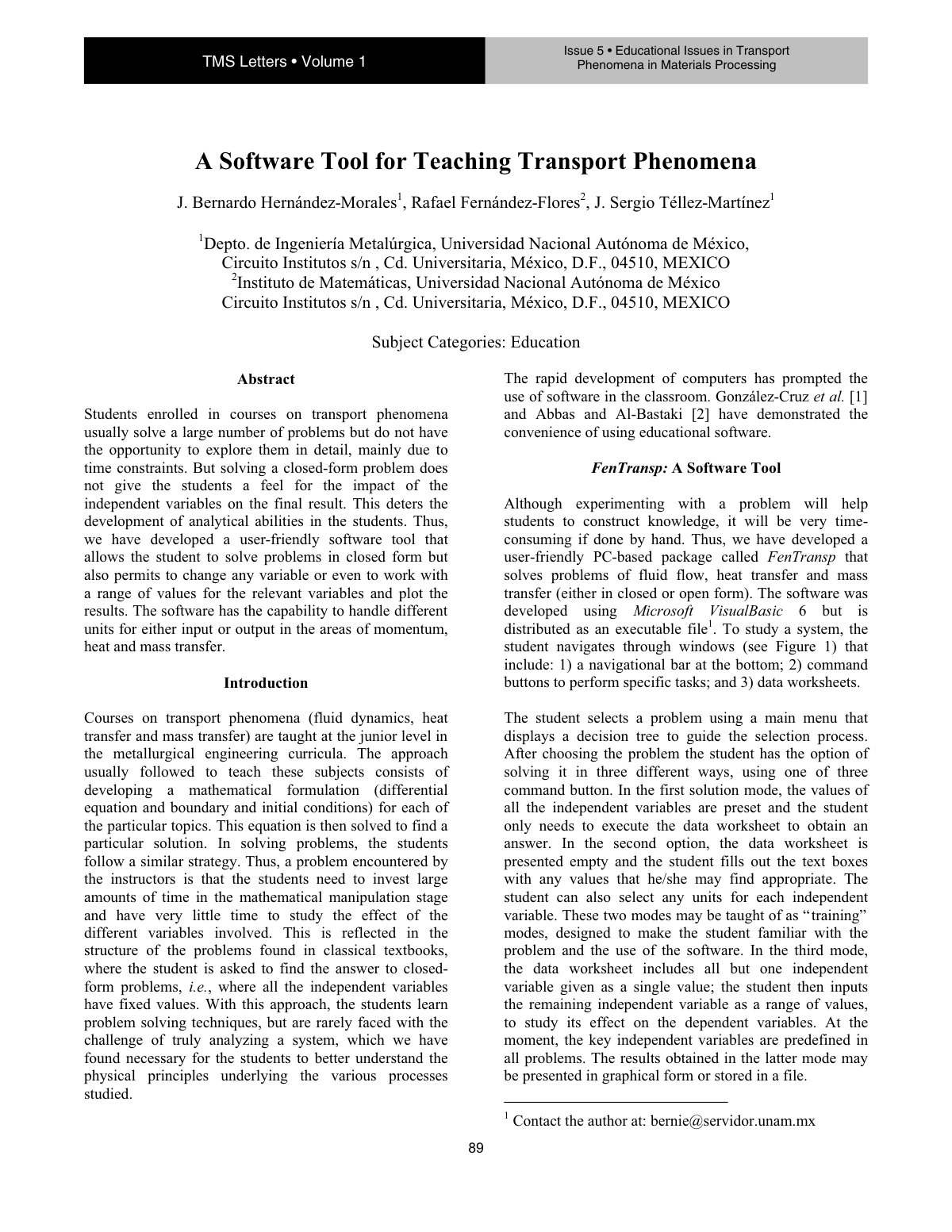 First page of A Software Tool for Teaching Transport Phenomena