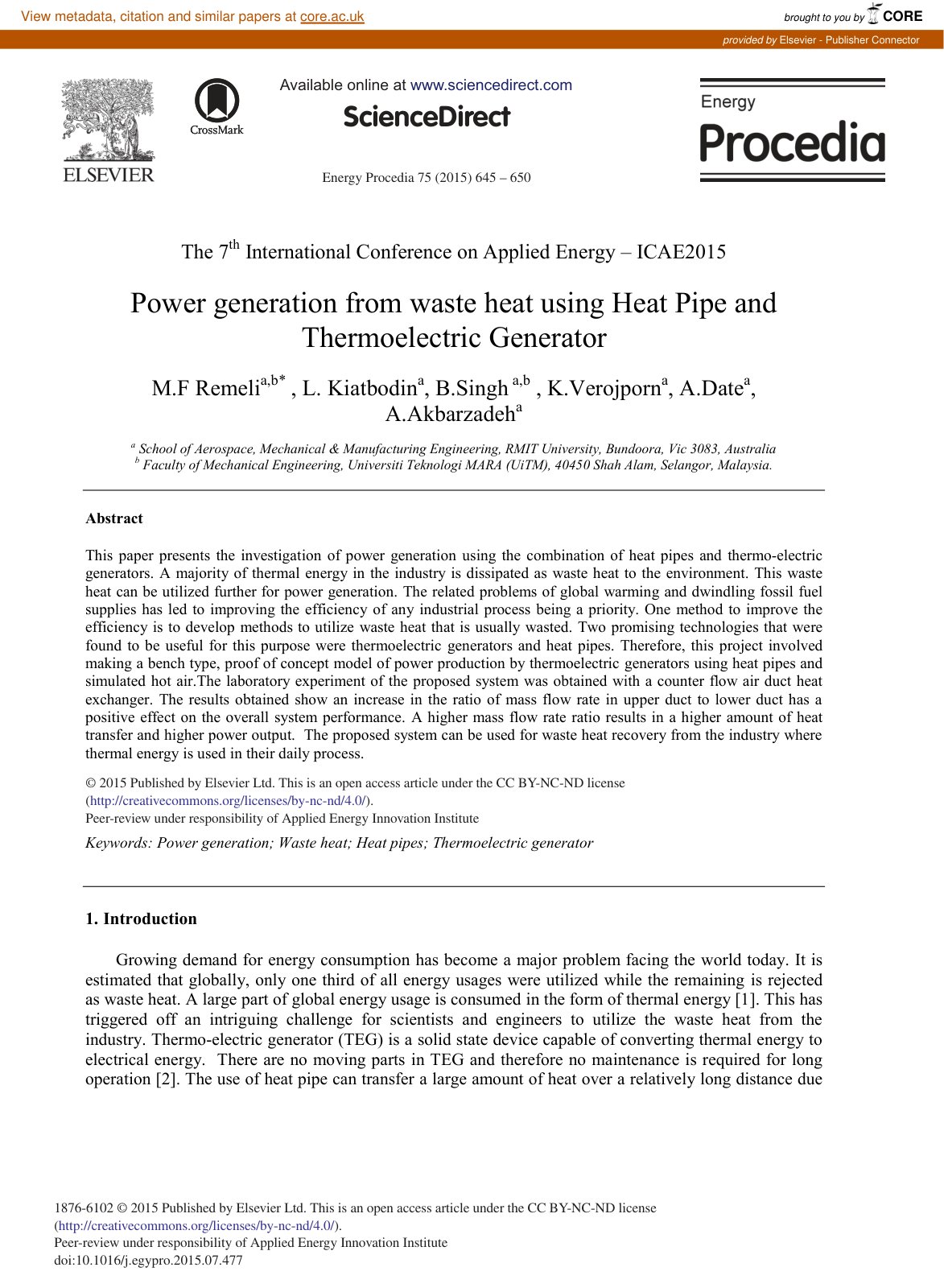 First page of Power Generation from Waste Heat Using H