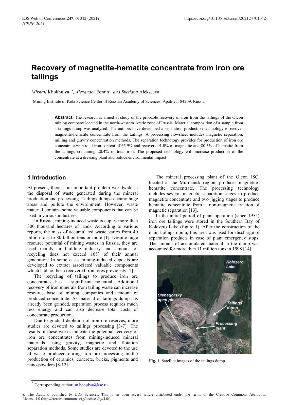 First page of Recovery of magnetite-hematite concentrate from iron ore tailings