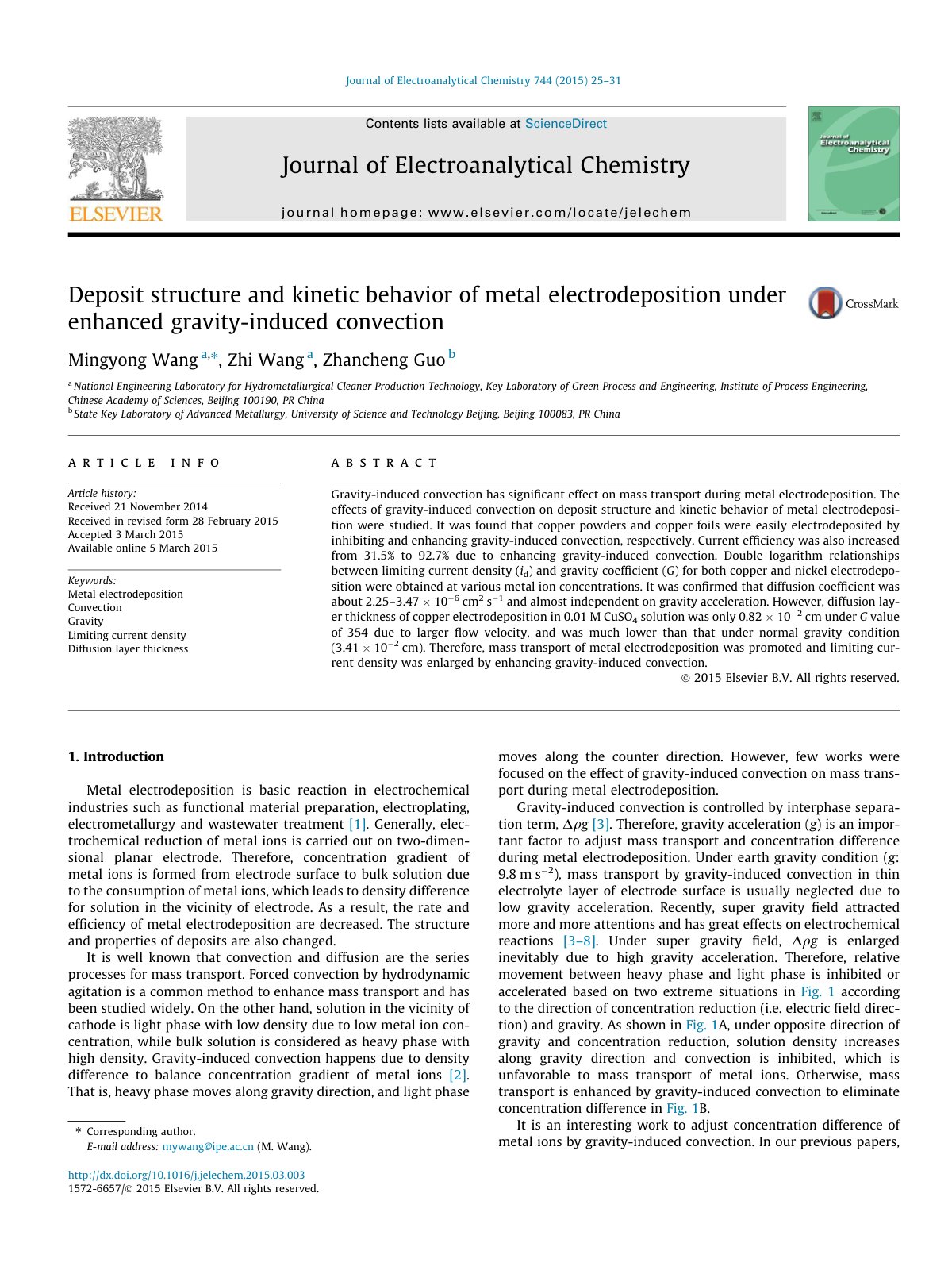 First page of Deposit structure and kinetic behavior of metal electrodeposition under enhanced gravity-induced convection