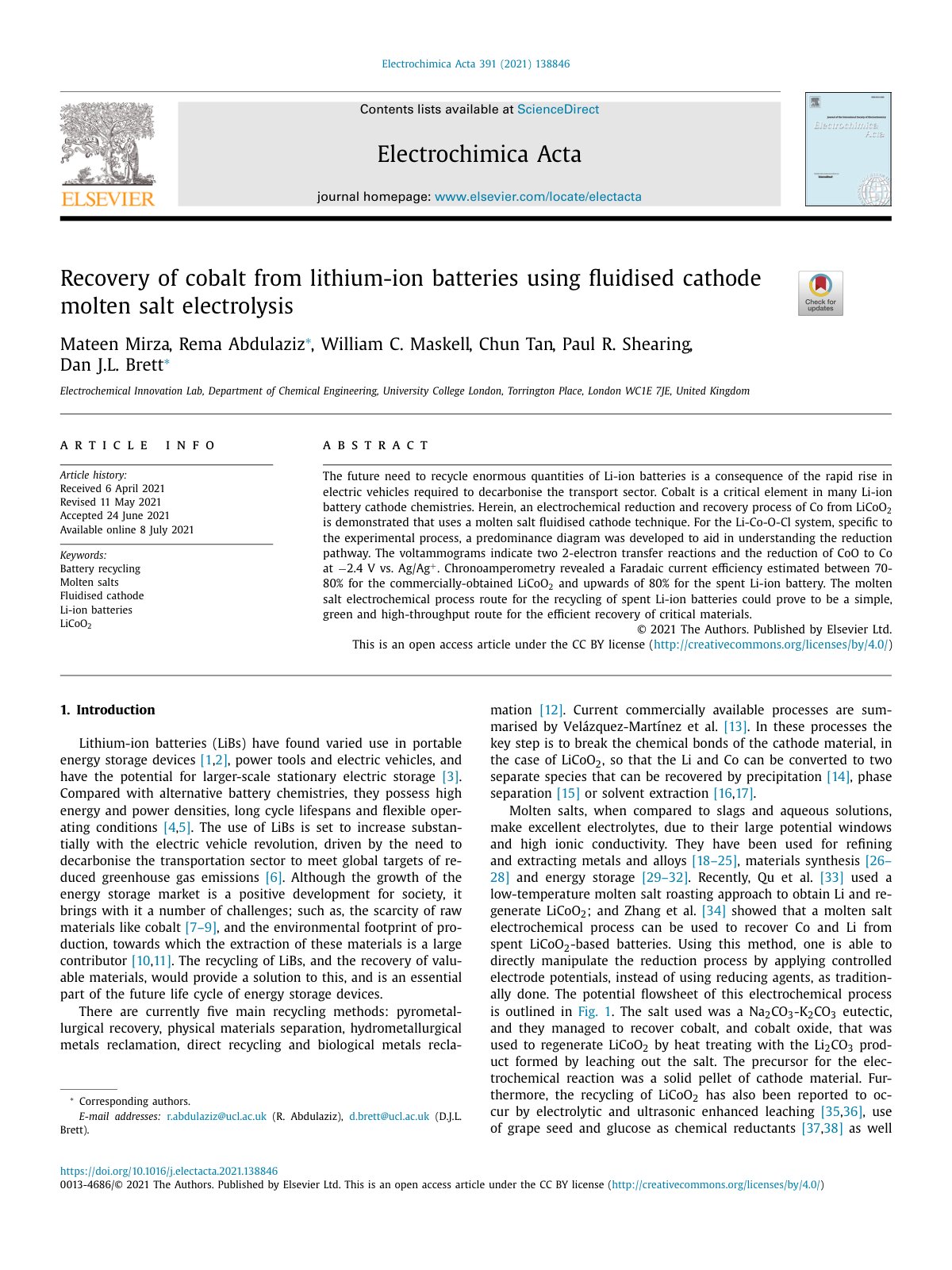 First page of Recovery of cobalt from lithium-ion batteries using fluidised cathode molten salt electrolysis