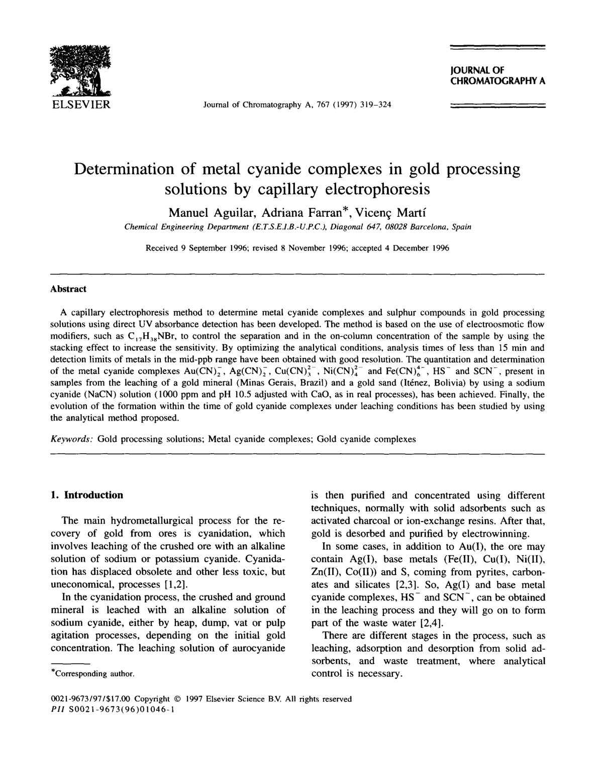 First page of Determination of metal cyanide complexes in gold processing solutions by capillary electrophoresis