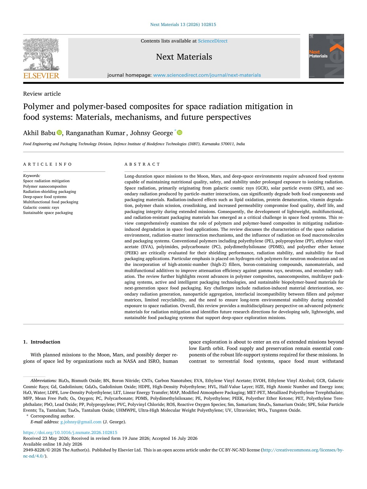 First page of Polymer and polymer based composites for space radiation mitigat 2026 Next M