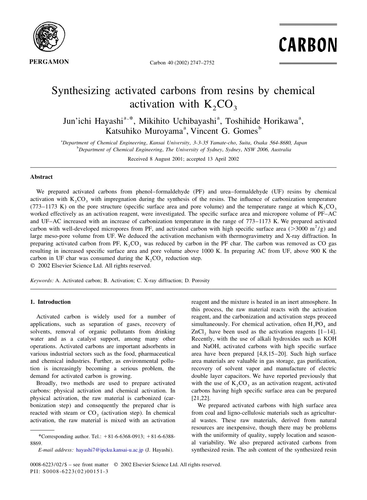 First page of Synthesizing activated carbons from resi