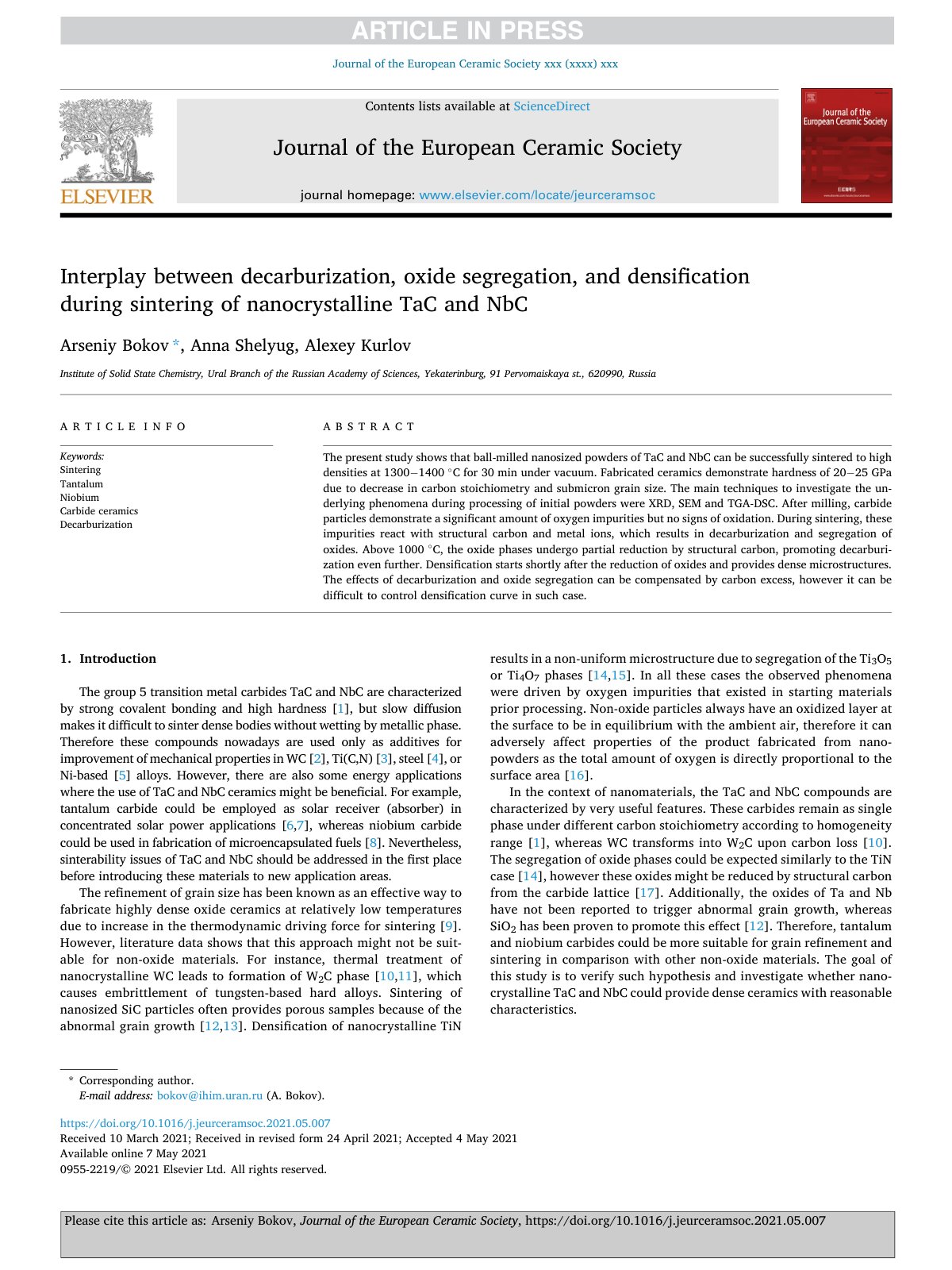 First page of Interplay between decarburization, oxide segregation, and densification during sintering of nanocrystalline TaC and NbC