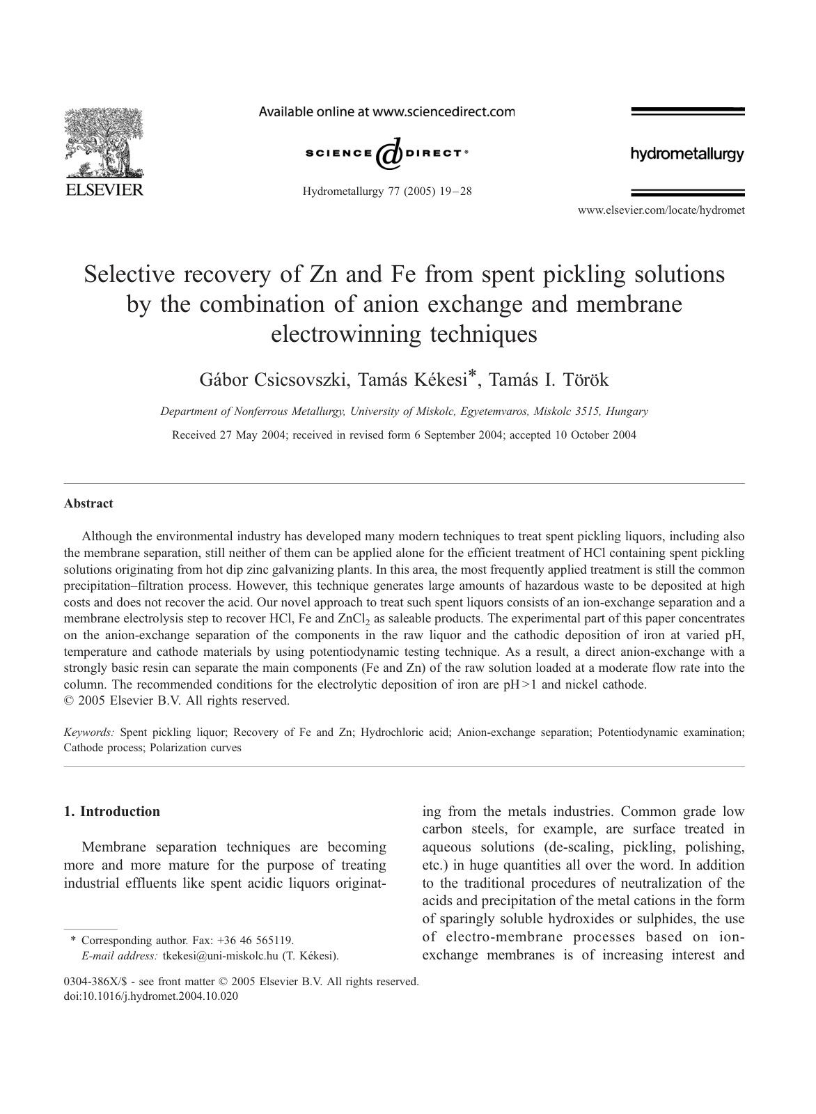 First page of Selective recovery of Zn and Fe from spe