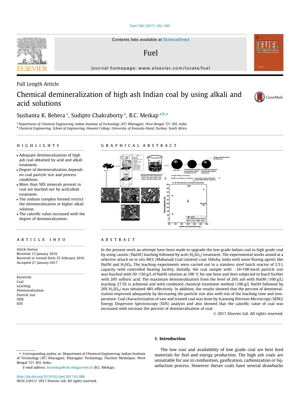 First page of Chemical demineralization of high ash In