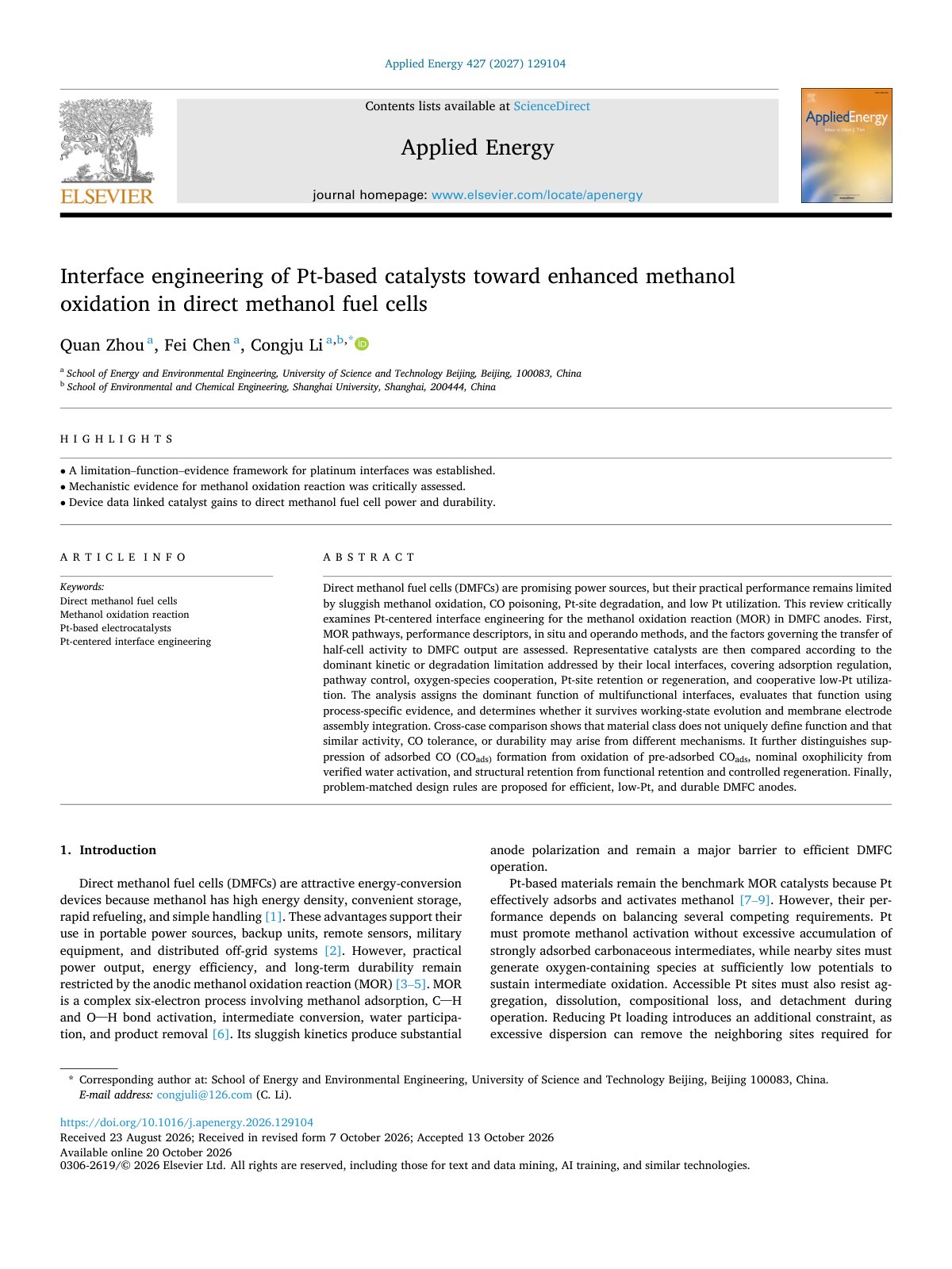 First page of Interface engineering of Pt based catalysts toward enhanced me 2027 Applied 