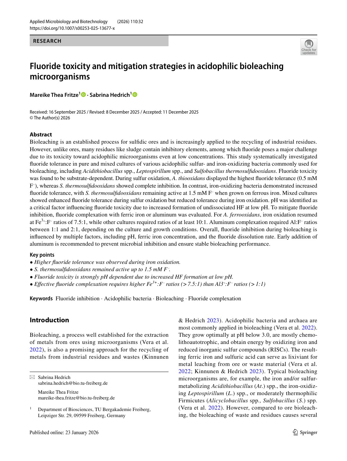 First page of Fluoride toxicity and mitigation strategies in acidophilic bioleaching microorganisms
