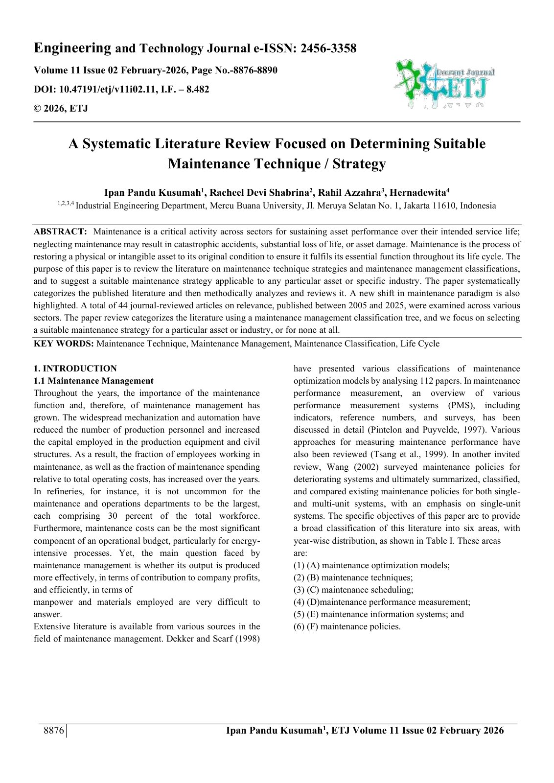 First page of A Systematic Literature Review Focused on Determining Suitable  Maintenance Technique / Strategy