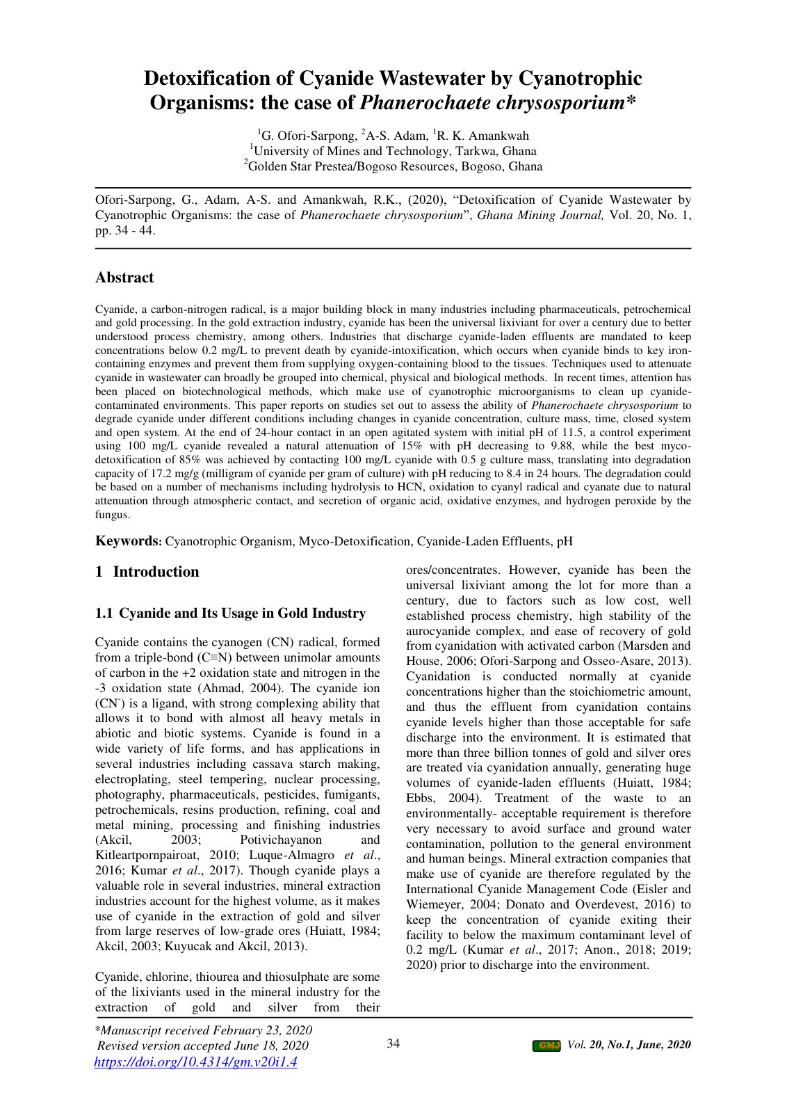 First page of Detoxification of Cyanide Wastewater by Cyanotrophic Organisms: the case of Phanerochaete chrysosporium