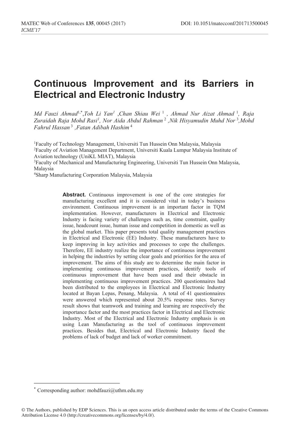 First page of Continuous Improvement and its Barriers in Electrical and Electronic Industry