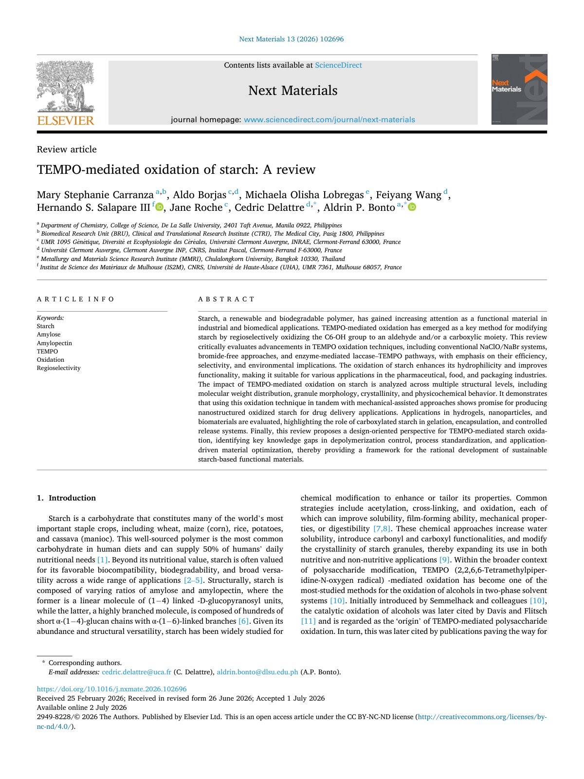 First page of TEMPO mediated oxidation of starch  A review 2026 Next Materials