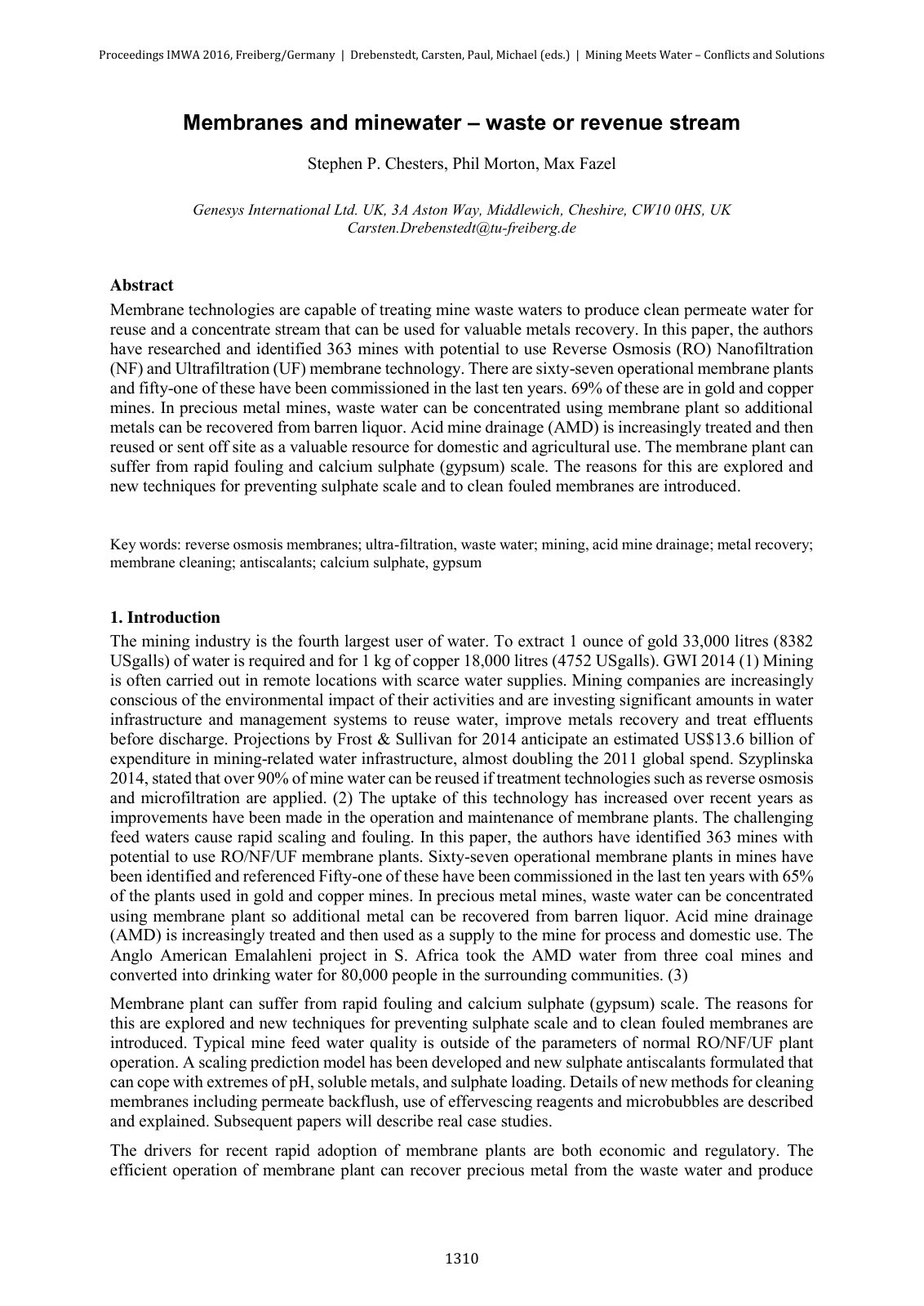 First page of Membranes and minewater – waste or revenue stream