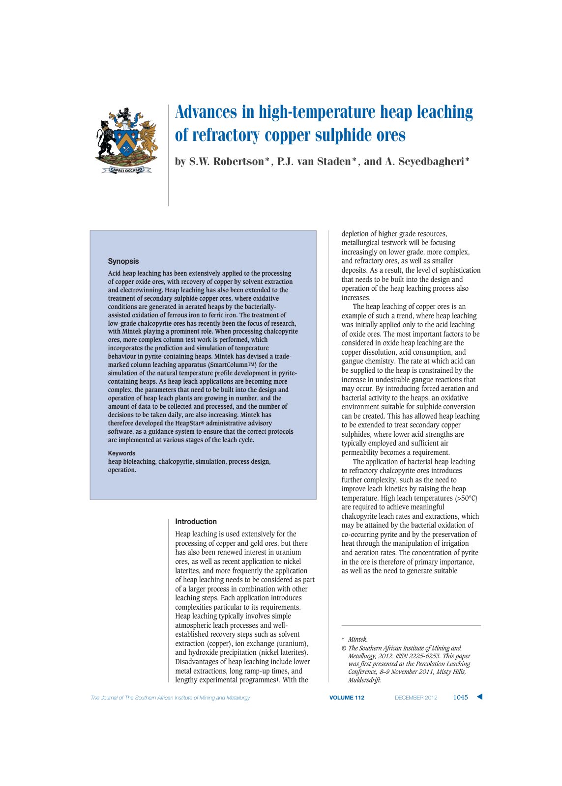 First page of Advances in high-temperature heap leaching of refractory copper sulphide ores