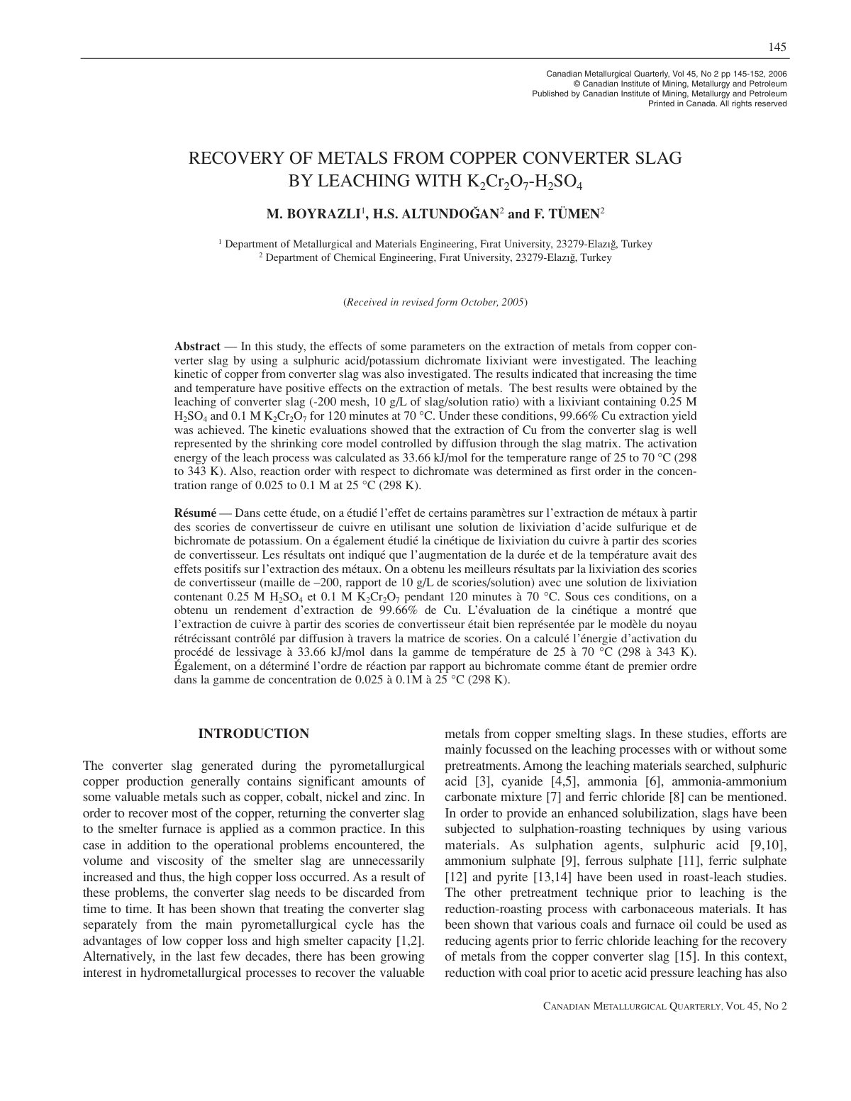 First page of Recovery of Metals from Copper Converter Slag by Leaching with K2Cr2O7-H2SO4