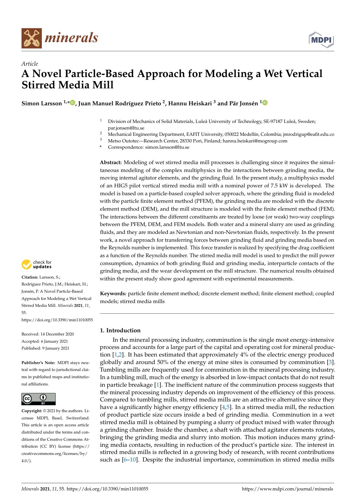 First page of A Novel Particle-Based Approach for Modeling a Wet Vertical Stirred Media Mill