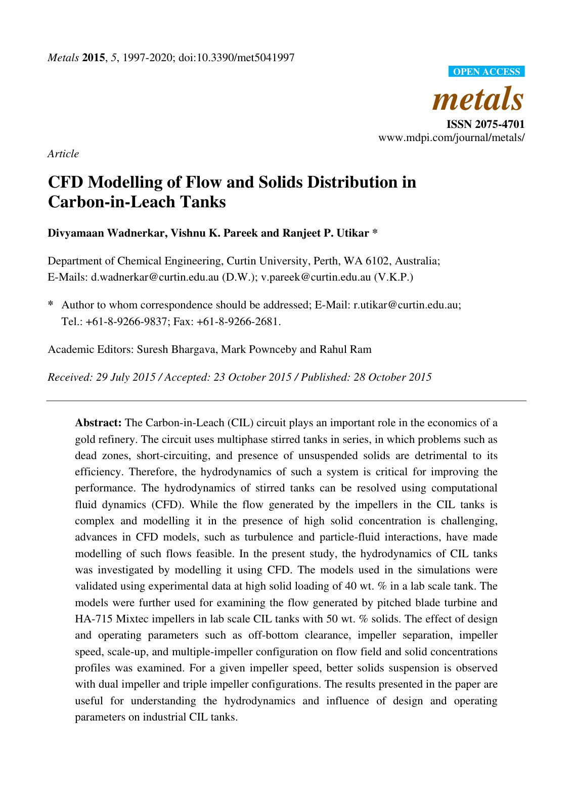 First page of CFD Modelling of Flow and Solids Distribution in Carbon-in-Leach Tanks