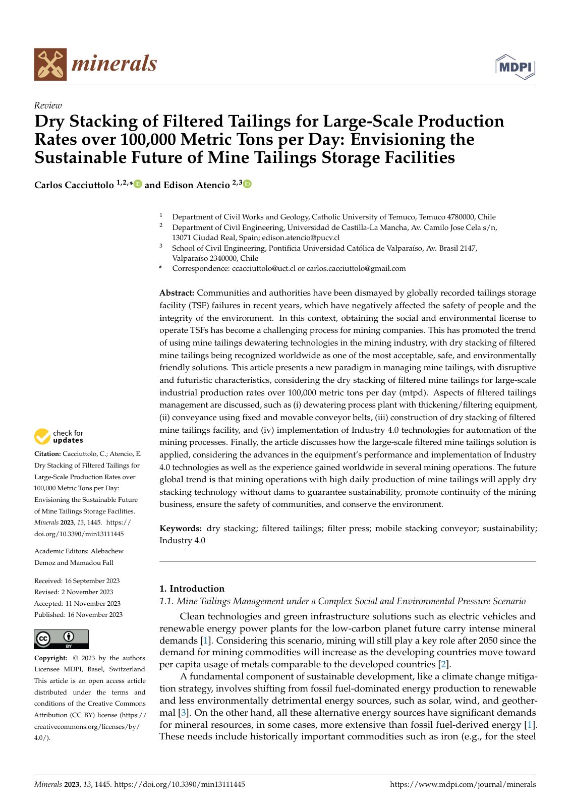 First page of Dry Stacking of Filtered Tailings for Large-Scale Production Rates over 100,000 Metric Tons per Day: Envisioning the Sustainable Future of Mine Tailings Storage Facilities