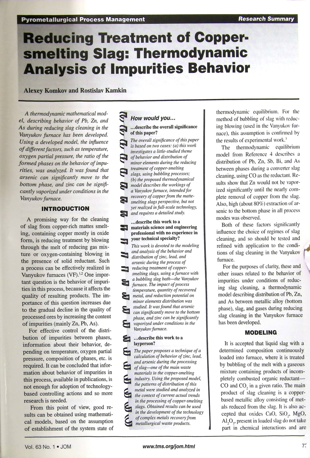 First page of Reducing Treatment of Copper-smelting Slag: Thermodynamic Analysis of Impurities Behavior