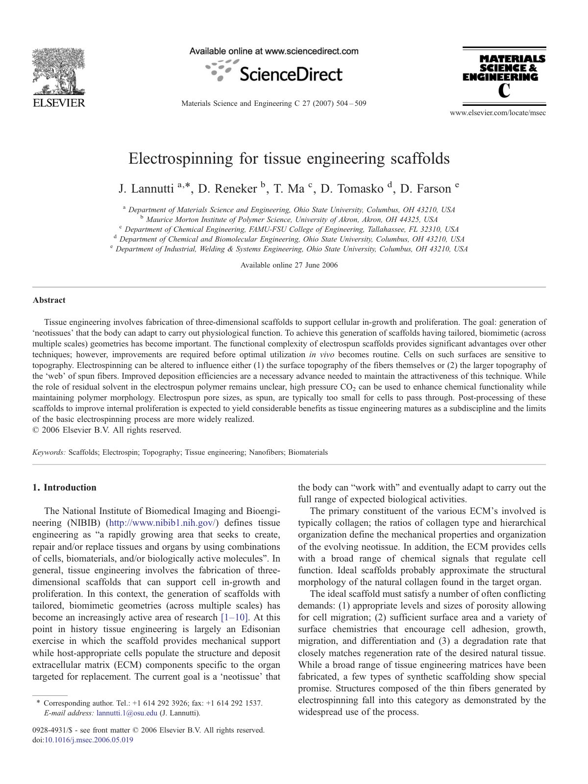 First page of Electrospinning for tissue engineering s