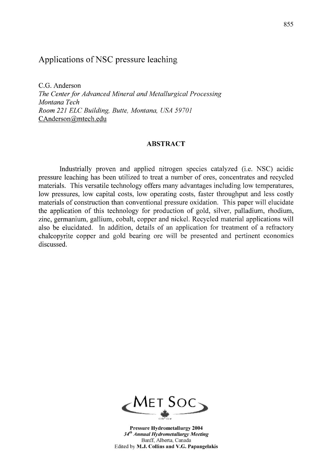 First page of Applications ofNSC pressure leaching