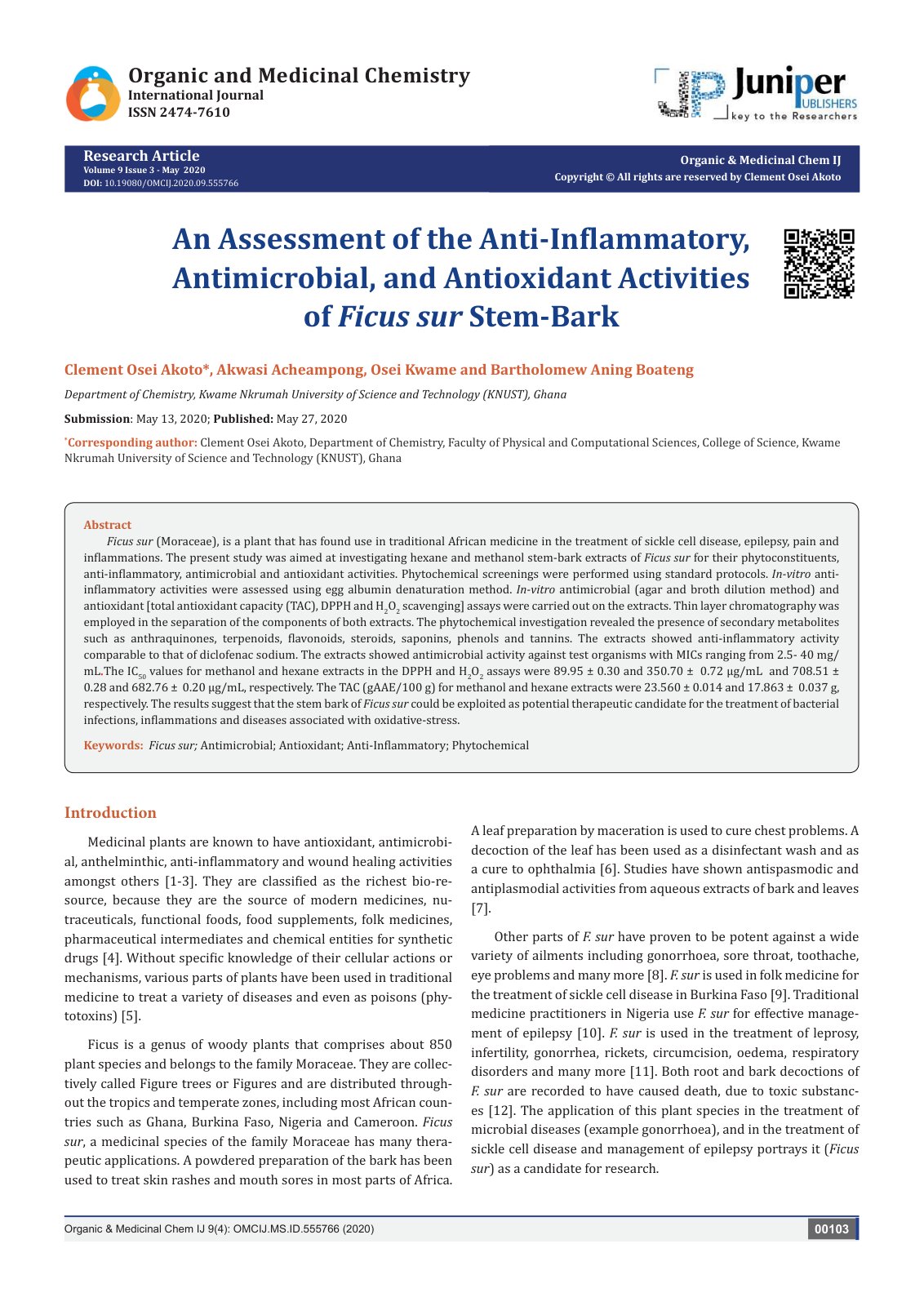 First page of An Assessment of the Anti-Inflammatory, Antimicrobial, and Antioxidant Activities of Ficus sur Stem-Bark