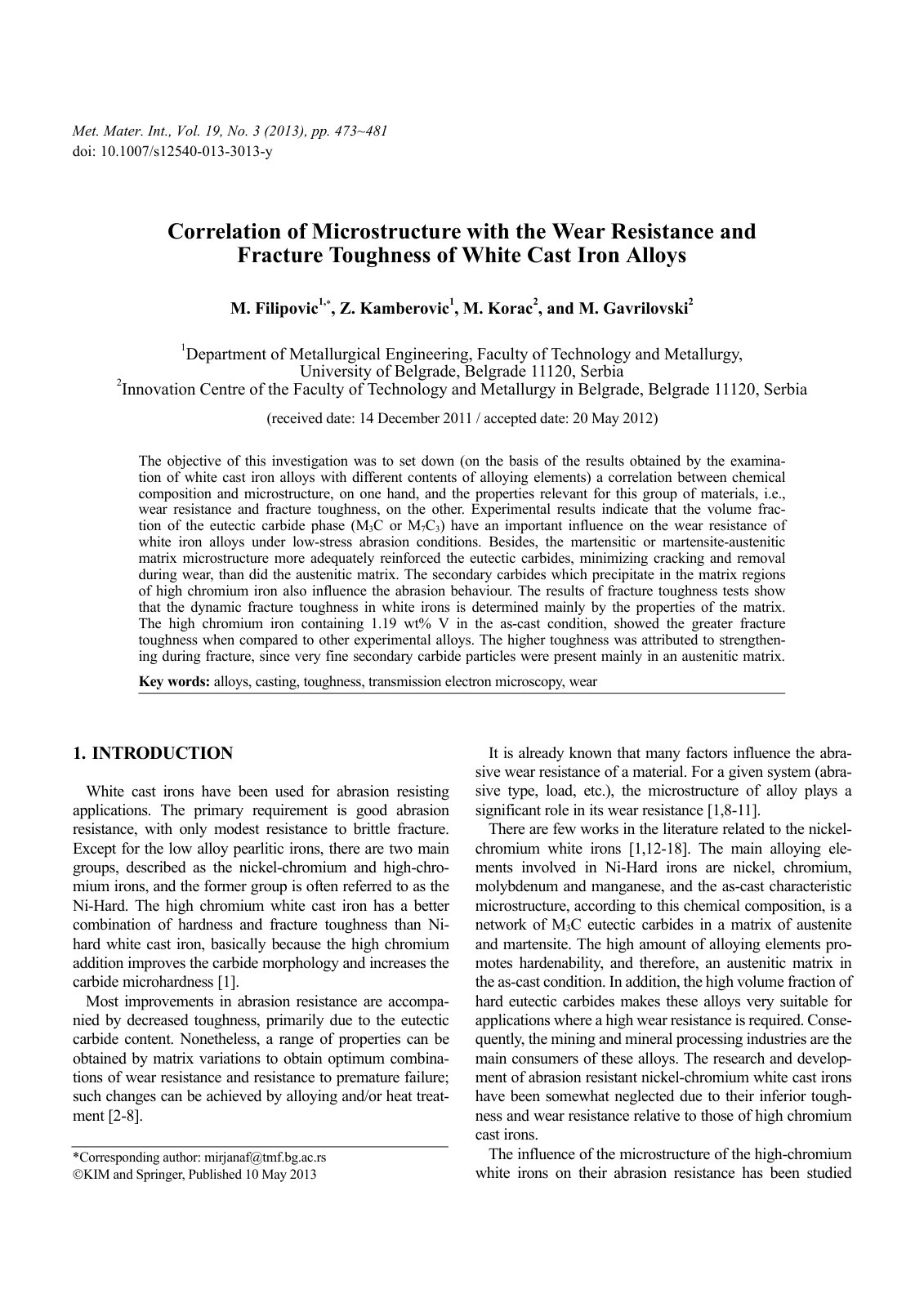 First page of Correlation of Microstructure with the Wear Resistance and Fracture Toughness of White Cast Iron Alloys
